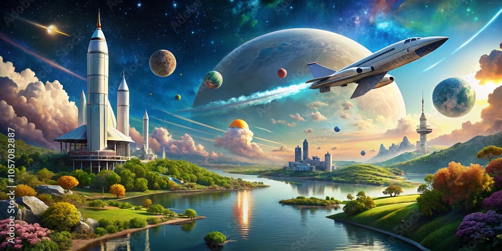 Poster futuristic spacecraft design concepts in surreal environments for advanced space exploration