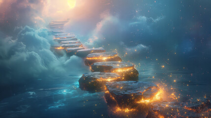 Obraz premium Abstract Floating Stone Pathway in Tranquil Mist with Glowing Motivational Energy – 400 DPI High Resolution