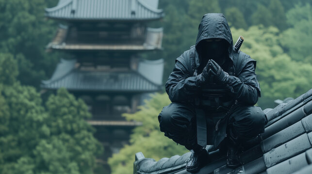 Stealthy ninja in black attire crouching on rooftop, serene atmosphere