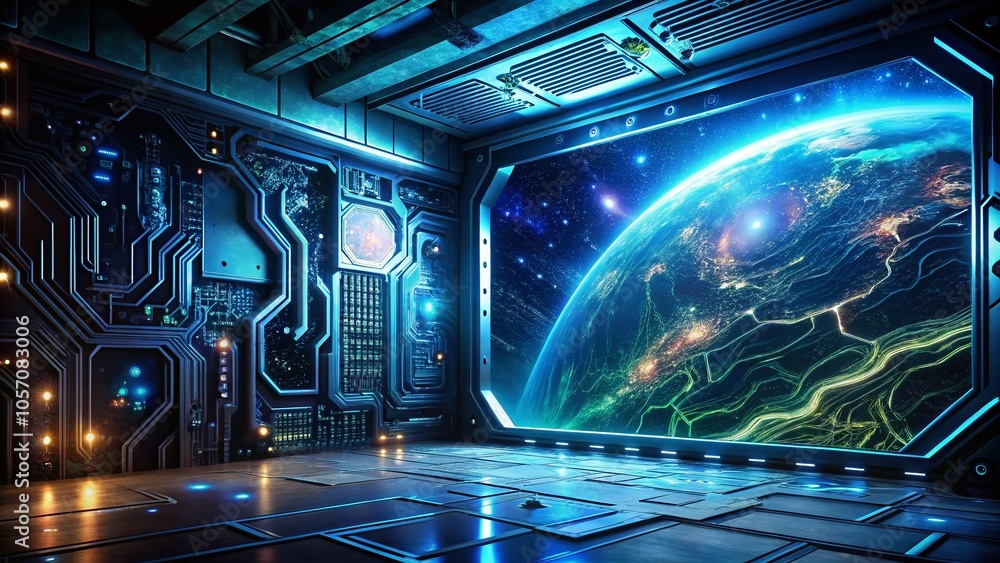 Aufkleber futuristic tech panel with glowing lights and circuits in a panoramic view