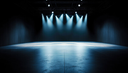 A dark stage illuminated by bright spotlights, creating an atmosphere of anticipation and focus for a performance or presentation.