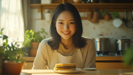 自家製サンドイッチを楽しむ日本人女性