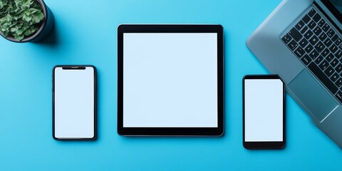 Fototapeta premium A picture shows a laptop, computer, smartphone, and tablet with blank blue screens. They are all separated from the background and ready for you to add your own design.