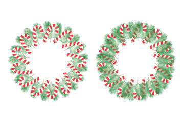Pine branches wreath decorated striped candy canes and snowflakes. Circle Christmas frame border Set