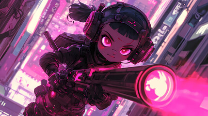 Obraz premium Mystical Yokai Chibi in Solarpunk and Synthwave Style: Anime Illustration