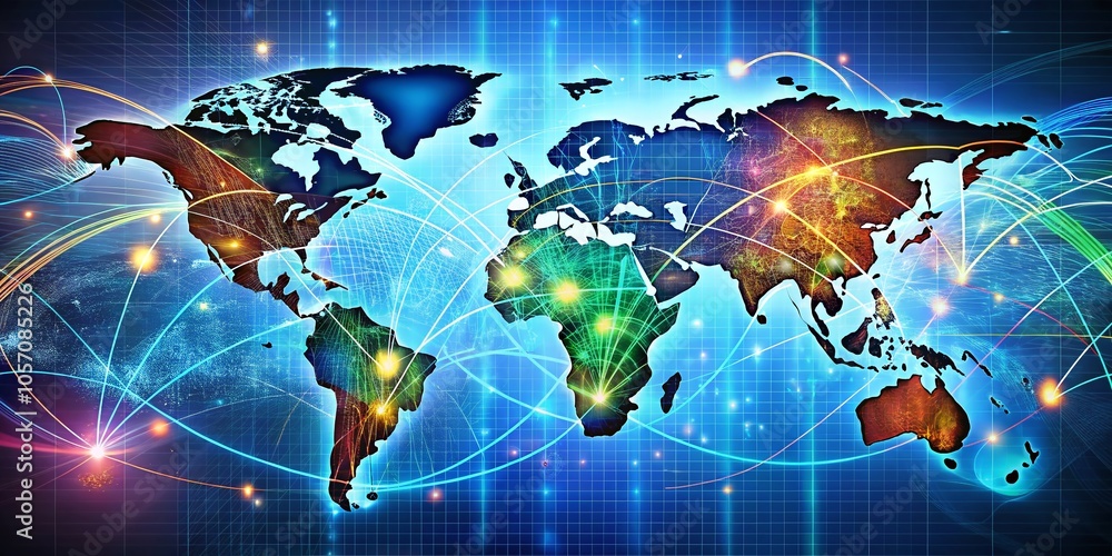Poster global communication network: connecting continents with dynamic lines and headlines