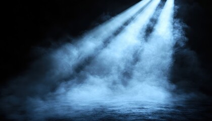 A dimly lit scene featuring beams of light cutting through fog, creating a mysterious and atmospheric ambiance.