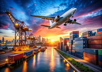 Fototapeta premium Global Logistics and Transportation: Long Exposure of Cargo Plane Over Shipping Containers at International Port