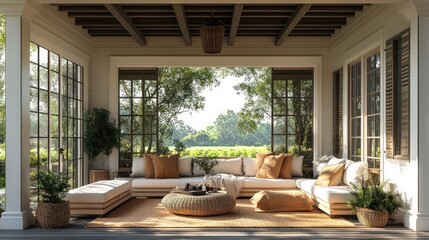 Cozy outdoor lounge with natural light and greenery.