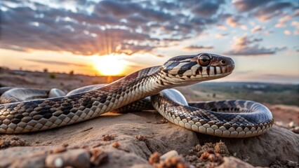Obraz premium A close-up view of a snake resting on rocky terrain, illuminated by the warm glow of a sunset against a beautifully cloudy sky.