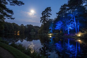 Glowing Blue Lights Reflecting in a Still Lake at Night Surrounded by Trees &ndash; Serene Nature Photography