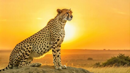 Obraz premium Cheetah sitting atop a rock, silhouetted against a stunning sunset in the savannah, showcasing its unique spots and elegance.
