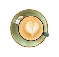 Cappuccino, latte, coffee with milk in a green glass mug. with a saucer. Coffee foam. A painted heart. View from above. sugar cubes. On a white background. Isolated. A place for the text. Copy space