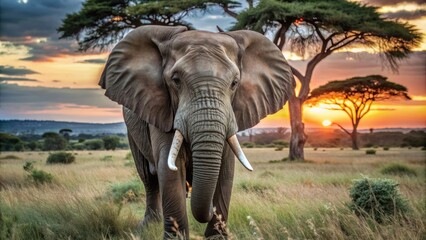 Fototapeta premium Elephant stands proudly in the savannah at sunset, surrounded by lush grass and acacia trees, embodying the beauty of nature.