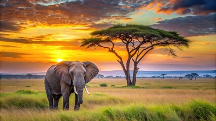 Elephant stands gracefully in a golden savannah, framed by a vibrant sunset and lone acacia tree, capturing the essence of wildlife.