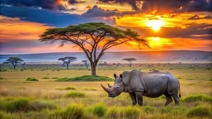 Fototapeta premium Rhinoceros stands elegantly in the savanna during a stunning sunset, with acacia trees silhouetted against a colorful sky.