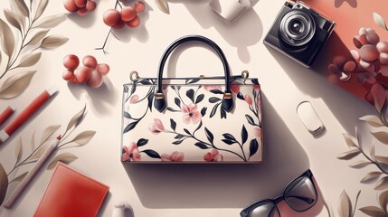 Designer handbag illustration, showing a luxury bag with elegant details, surrounded by high-end elements