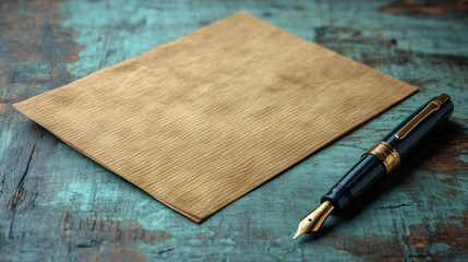 A blank textured paper beside a fountain pen on a rustic surface.