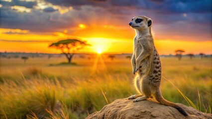 A meerkat standing on a rock at sunset on the African savannah, showcasing its alert posture against a colorful, scenic background.