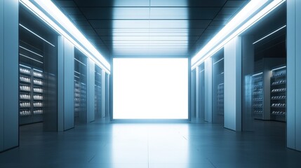 Fototapeta premium A modern, minimalistic hallway illuminated by bright lights, leading to a large white screen, flanked by shelves, creating a futuristic ambiance.