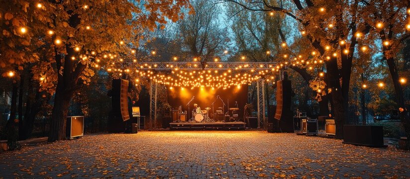 An outdoor stage with string lights, a band playing, and fall foliage.