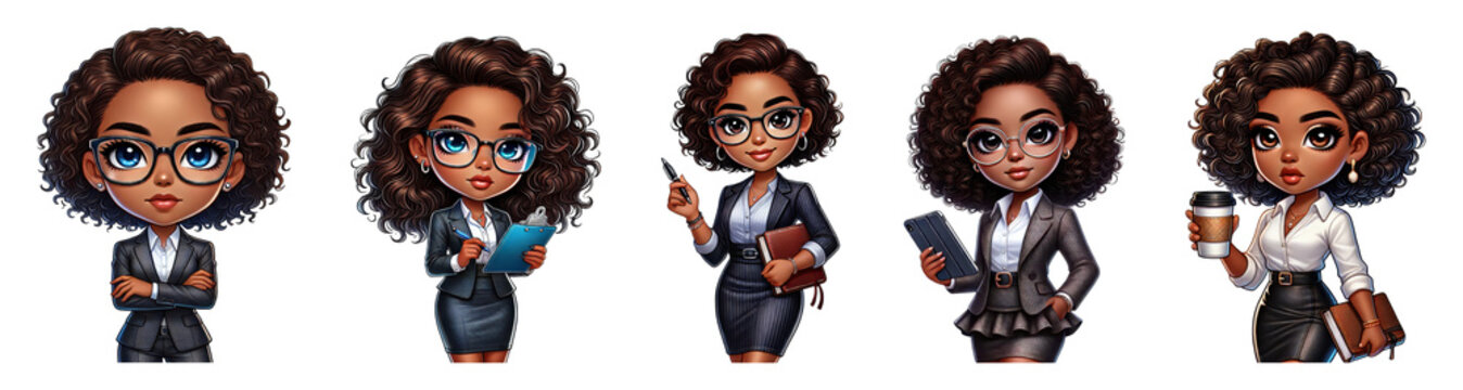 Professional cartoon businesswoman character set, afro woman, isolated on transparent background