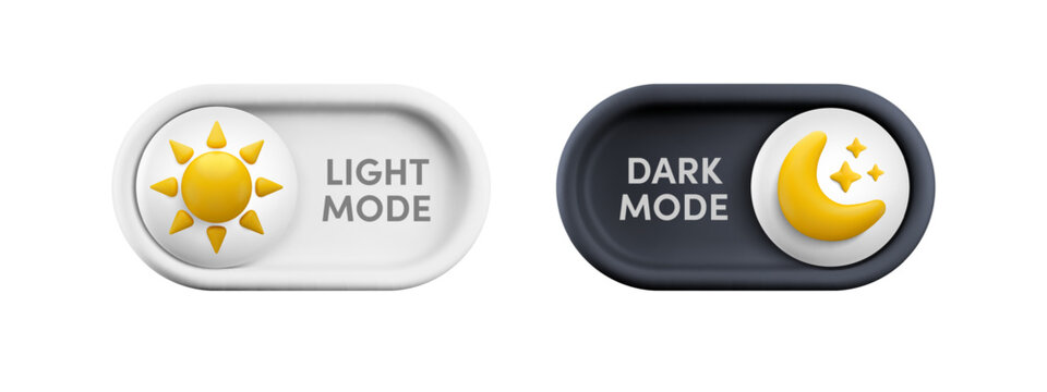 Vector cartoon 3d light and dark theme on switch button. Cute realistic 3d white Day mode and black Night mode toggle switch slider. Design element for mobile app interface, web, game.