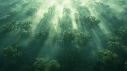 Fototapeta premium 霧に包まれた夜明けの古代の森