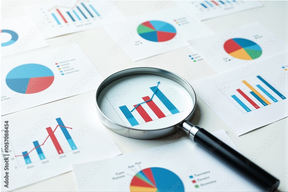 Aufkleber a magnifying glass rests on a table with graphs and charts