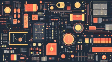 Fototapeta premium Electrical circuits vector, illustrating complex wiring diagrams, digital displays, and technical tools