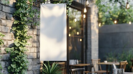 J-Flag mockup hanging outside a minimalist cafÃ©, with soft natural lighting, ready for custom designs or logos to be displayed on the blank banner 