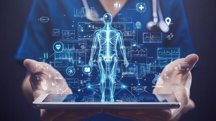 Electronic health records (EHR), displaying patient data on a tablet, with secure digital access symbols
