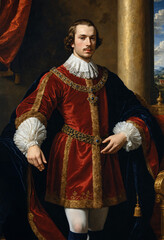 Renaissance-style painting portrait of a young king in noble background, Generative AI	
