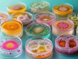 Vintagestyle bacteria cultures thriving in glass Petri dishes, intricate bacterial colonies with contrasting colors, set against a classic scientific backdrop
