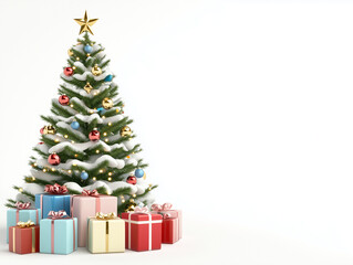 3D Christmas tree with gifts, pastel colors on a white background