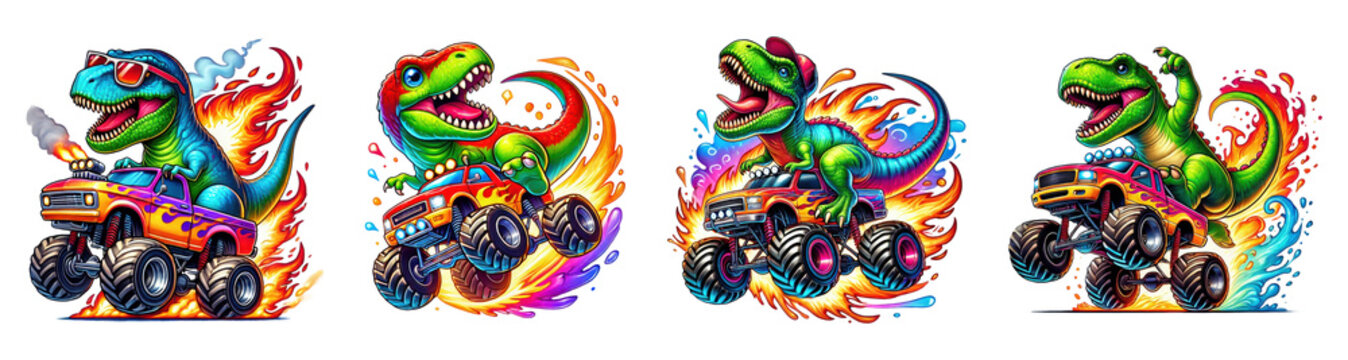 T-Rex dinosaur riding monster truck with fire, wearing sunglasses and a hat, isolated on transparent background