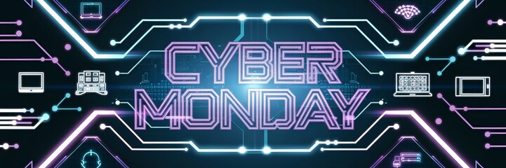 Cyber Monday Neon Banner with Technology Icons on Dark Background.