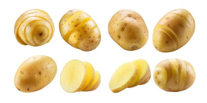 Fresh Potatoes in Various Cut Styles, set collection, mega bundle, isolated on transparent background