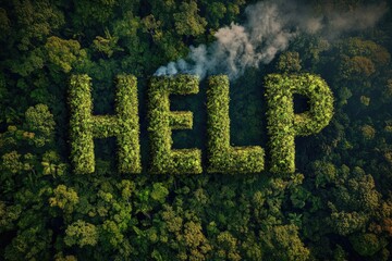 Aerial view of burning letters "HELP" in the rainforest caused by humans, created with Generative AI
