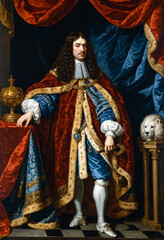 Obraz premium Renaissance-style painting portrait of an old king in noble background, Generative AI 