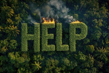 Aerial view of burning letters "HELP" in the rainforest caused by humans, created with Generative AI
