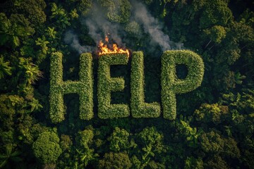 Aerial view of burning letters "HELP" in the rainforest caused by humans, created with Generative AI
