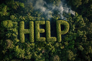 Aerial view of burning letters "HELP" in the rainforest caused by humans, created with Generative AI
