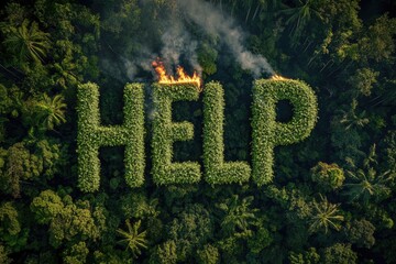 Aerial view of burning letters "HELP" in the rainforest caused by humans, created with Generative AI
