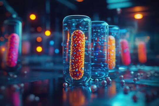 Stylized 3D bacteria illustration, retro lab setting with vibrant renderings of bacilli and cocci, highlighted with neon and amber lighting for a vintage look