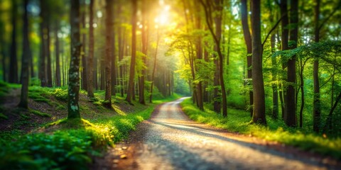 Obraz premium Gravel Path in Lush Forest - Tilt-Shift Photography for Nature Lovers