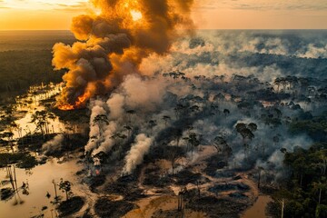 Aerial view of deforested area of the Amazon rainforest caused by illegal mining activities, created with Generative AI
