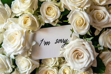 A postcard with a handwritten inscription "I'm sorry" in a bouquet of beautiful white roses. Bokeh in the background.