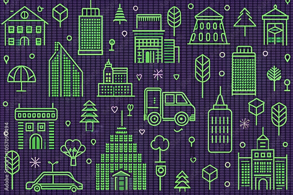 Poster green city line icons collection for modern ui design in flat style with purple knitted pattern back