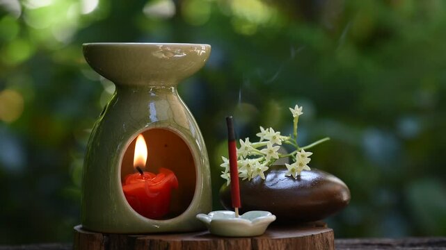 Night Jessamine or Cestrum Nocturnum branch flowers, Incense sticks and essential oil burners on natural background.